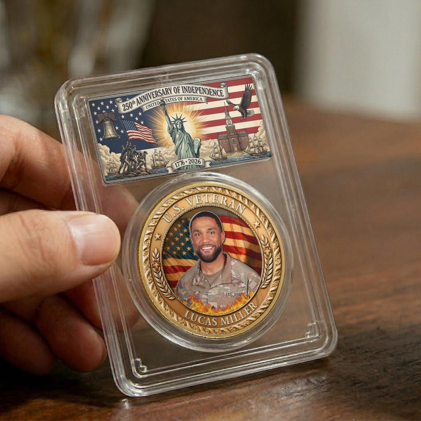 Personalized Coin US Veteran 250 Years of Freedom Custom Photo Semiquincentennial Challenge Coin Military Patriotic Gift For Veteran Dad Hubby