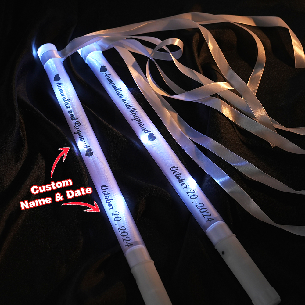 Personalized Light Up LED Stick Wedding Wands with Ribbon Lights Wedding Party Favor -   - myphotowallet