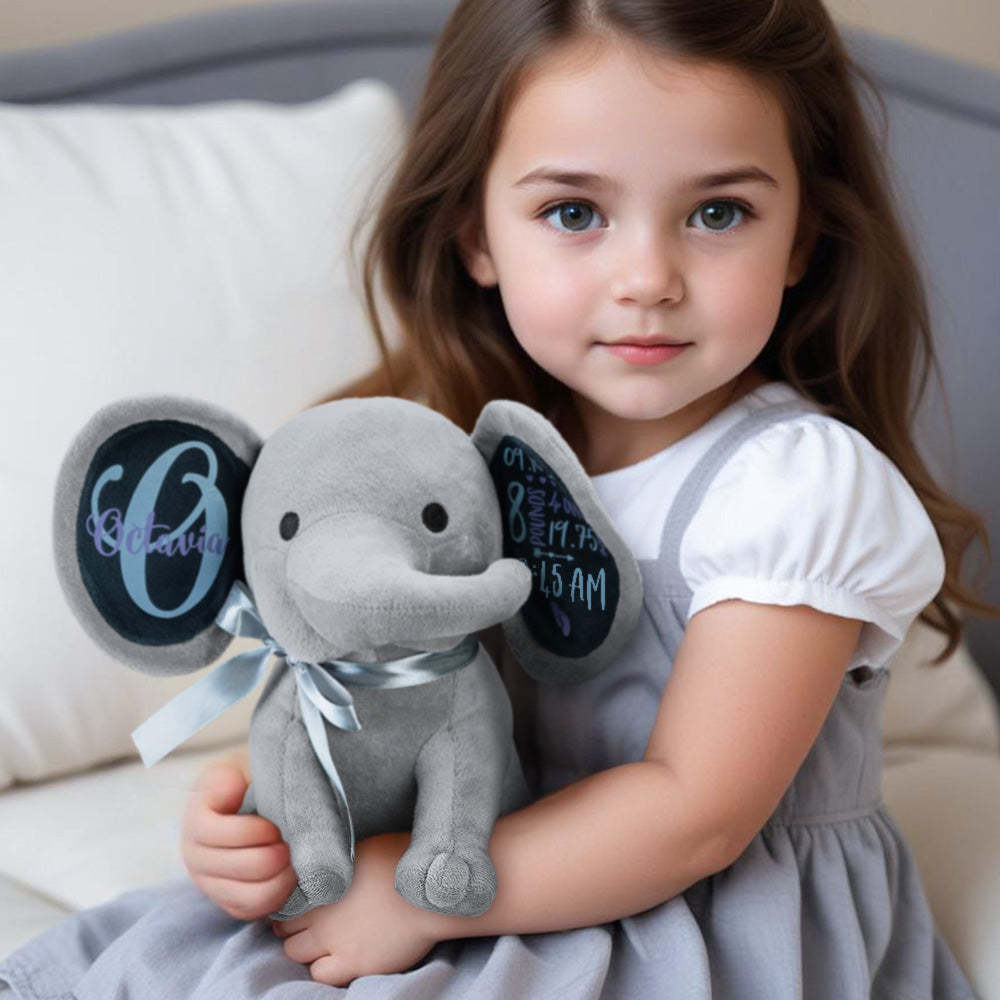 Personalized Elephant Plush Stuffed Animal Birth Announcement Gift for Baby -