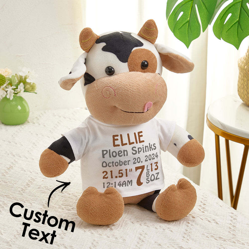 Personalized Cow Plush Stuffed Toy Birth Announcement Gift for Baby Shower -