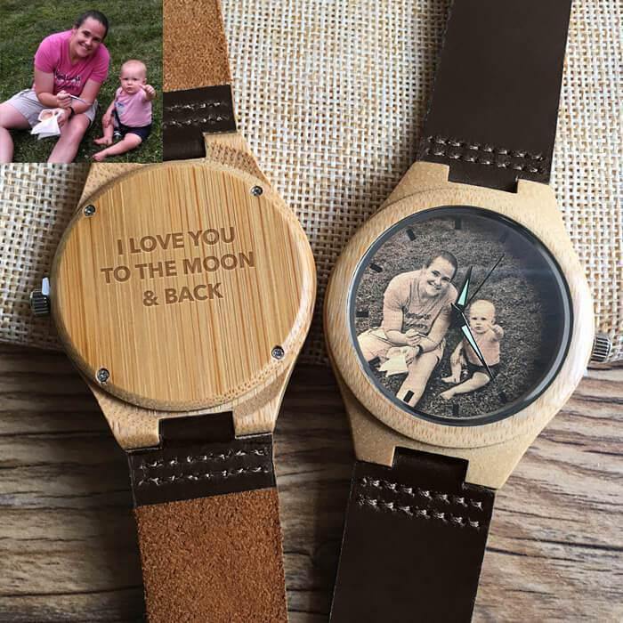 Custom Engraved Wooden Photo Watch Brown Cow Leather Strap - photowatch