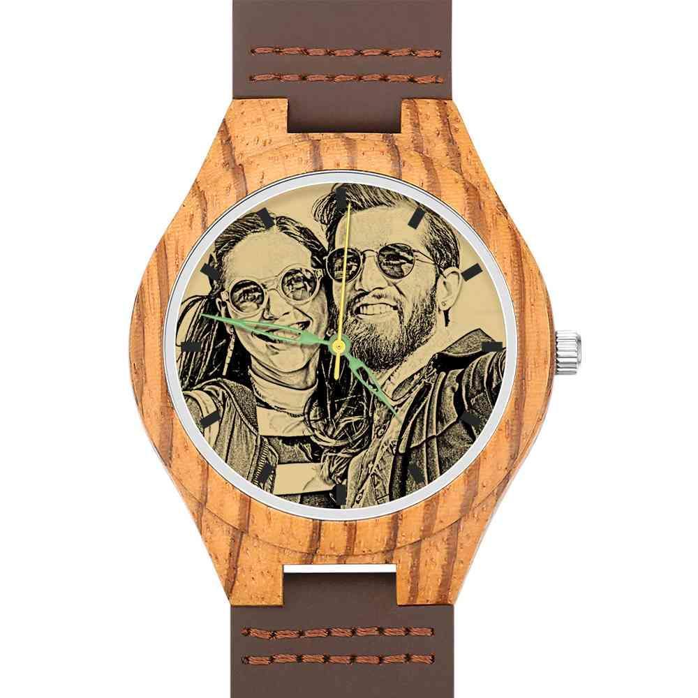 Men's Engraved Wooden Photo Watch Brown Leather Strap 45mm - photowatch