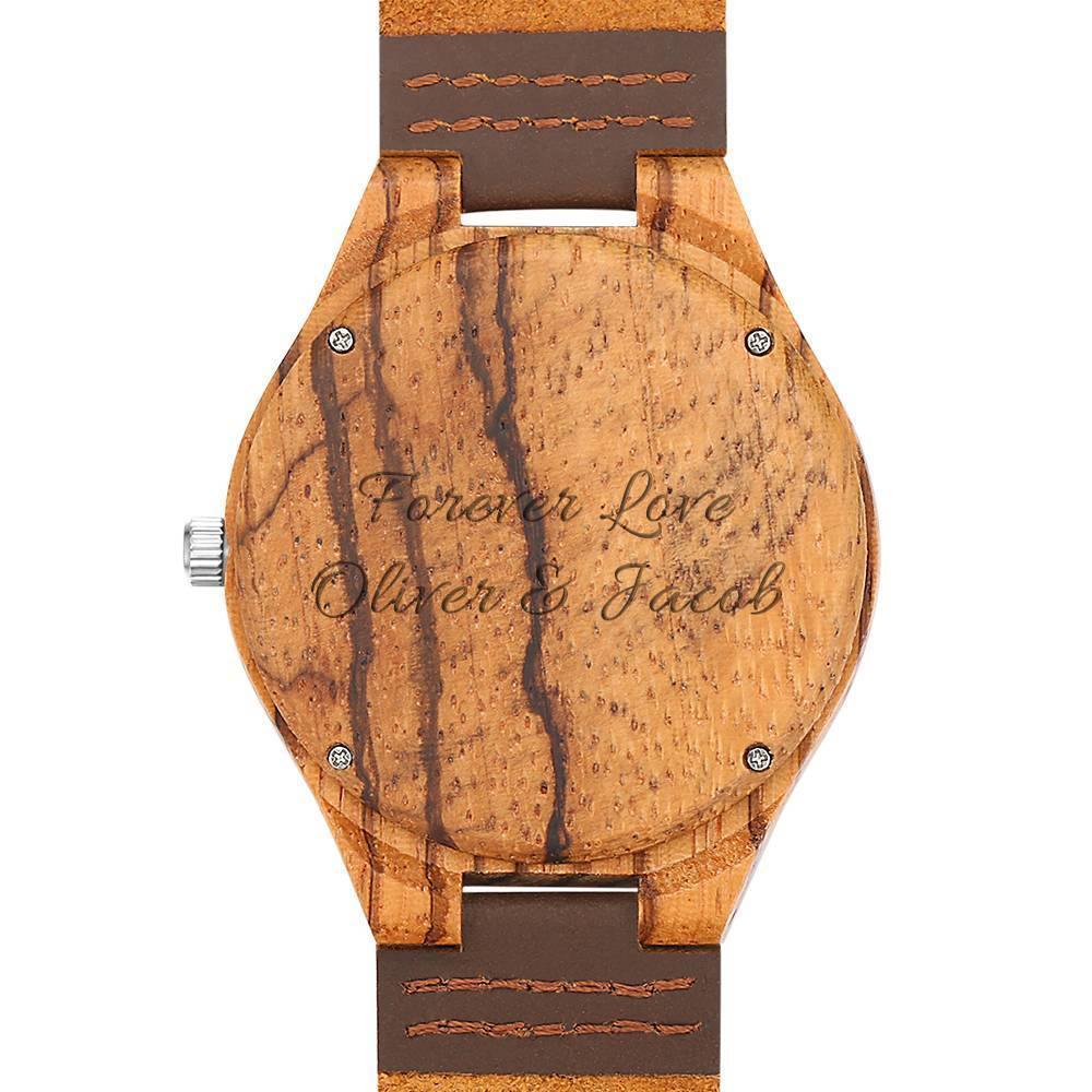 Men's Engraved Wooden Photo Watch Brown Leather Strap 45mm - photowatch