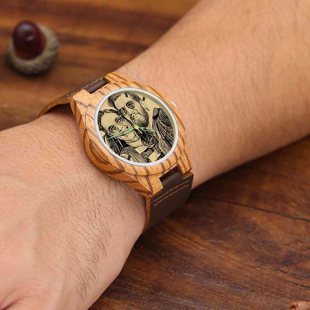 Men's Engraved Wooden Photo Watch Brown Leather Strap 45mm - photowatch