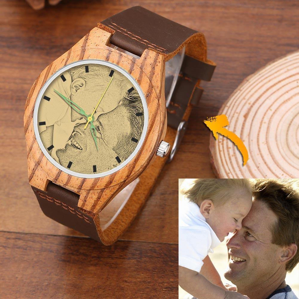 Men's Engraved Wooden Photo Watch Brown Leather Strap 45mm - photowatch