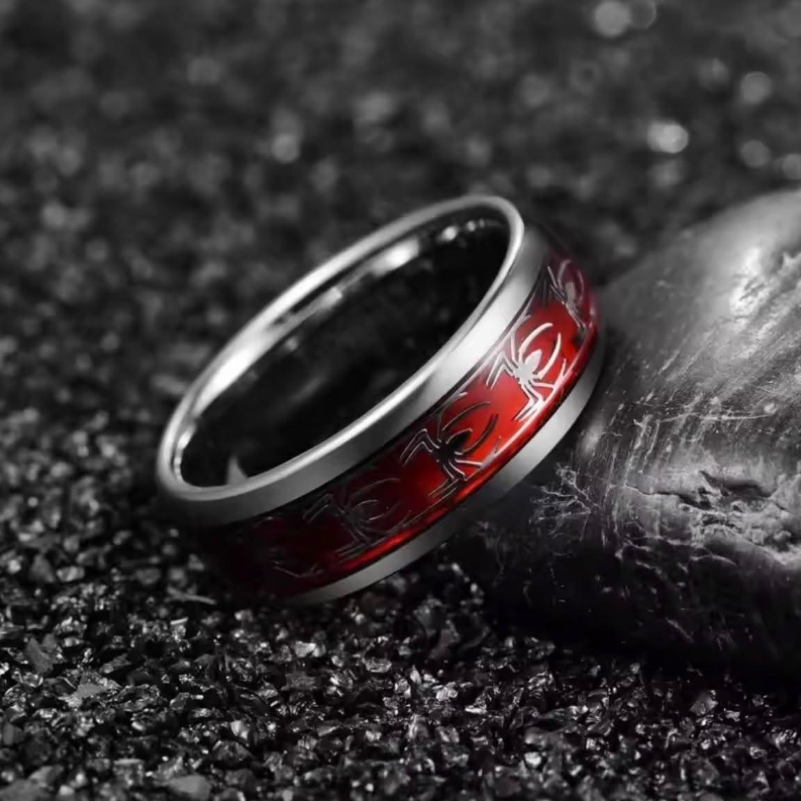 Gothic Spider & Red Heart Gem Couple Ring Set – Sterling Silver Matching Promise Rings for Couples