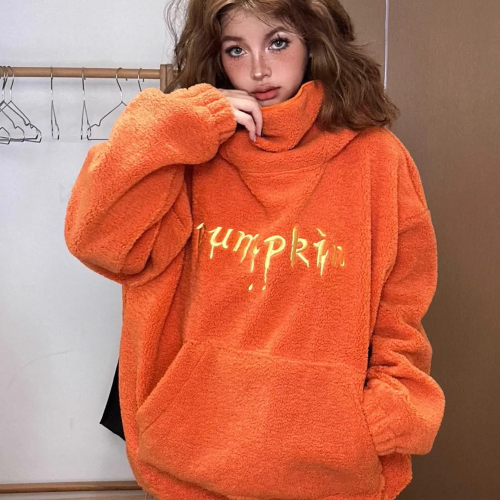 Cute Spooky Halloween Pumpkin Hoodie for Women Fuzzy Fleece Pullover - 