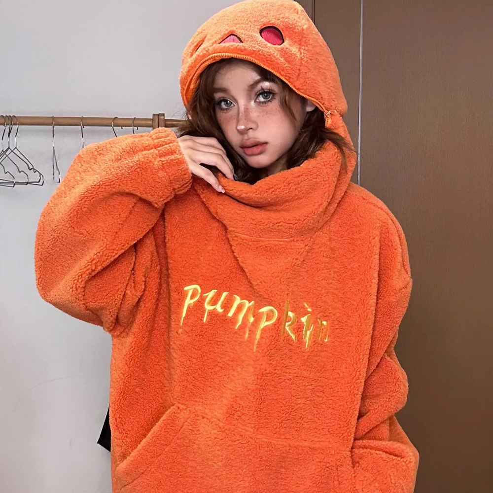 Cute Spooky Halloween Pumpkin Hoodie for Women Fuzzy Fleece Pullover - 