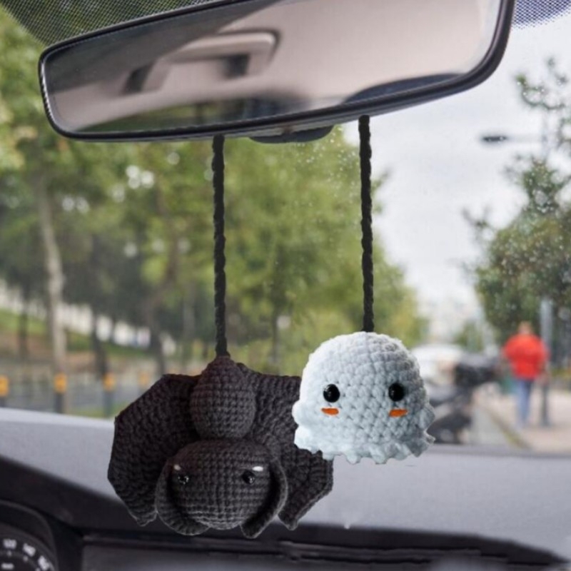 Crochet Bat Car Charm: Halloween Rearview Mirror Decoration - 