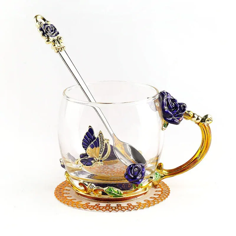 Mother's Day Gifts Handmade Enamel Butterfly Flower Glass Coffee Mugs Tea Cup with Spoon,Birthday Gifts for Her Women Mum Friends
