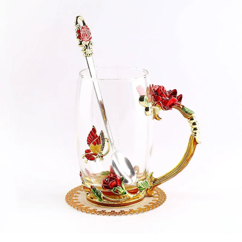 Mother's Day Gifts Handmade Enamel Butterfly Flower Glass Coffee Mugs Tea Cup with Spoon,Birthday Gifts for Her Women Mum Friends