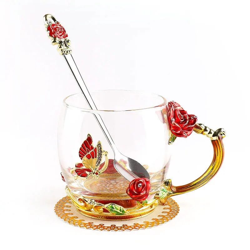 Mother's Day Gifts Handmade Enamel Butterfly Flower Glass Coffee Mugs Tea Cup with Spoon,Birthday Gifts for Her Women Mum Friends