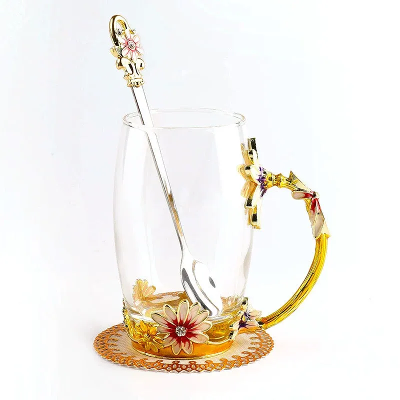 Mother's Day Gifts Handmade Enamel Butterfly Flower Glass Coffee Mugs Tea Cup with Spoon,Birthday Gifts for Her Women Mum Friends