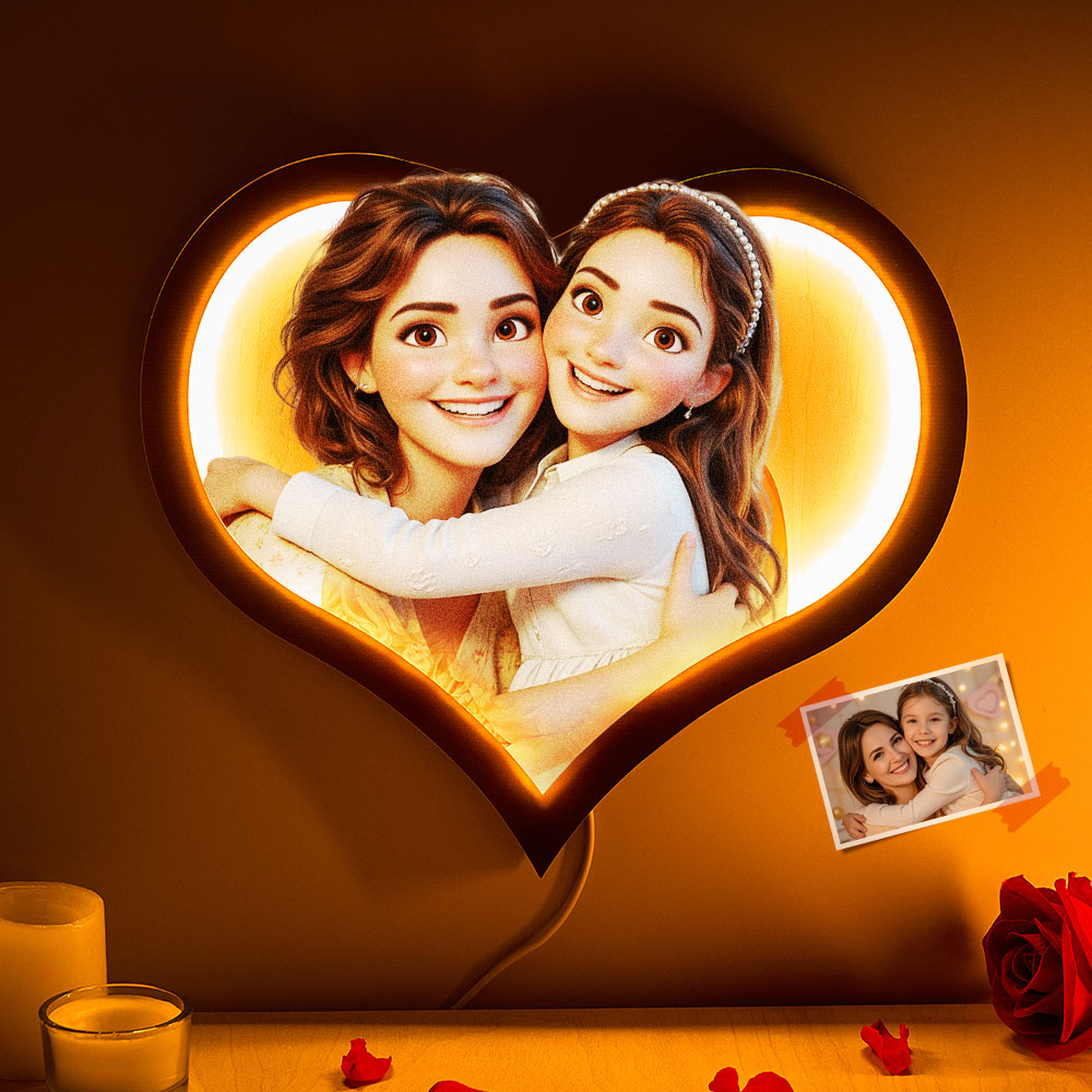 Gifts for Mother Personalized Heart Photo Cartoon Portrait Frame Lamp with LED