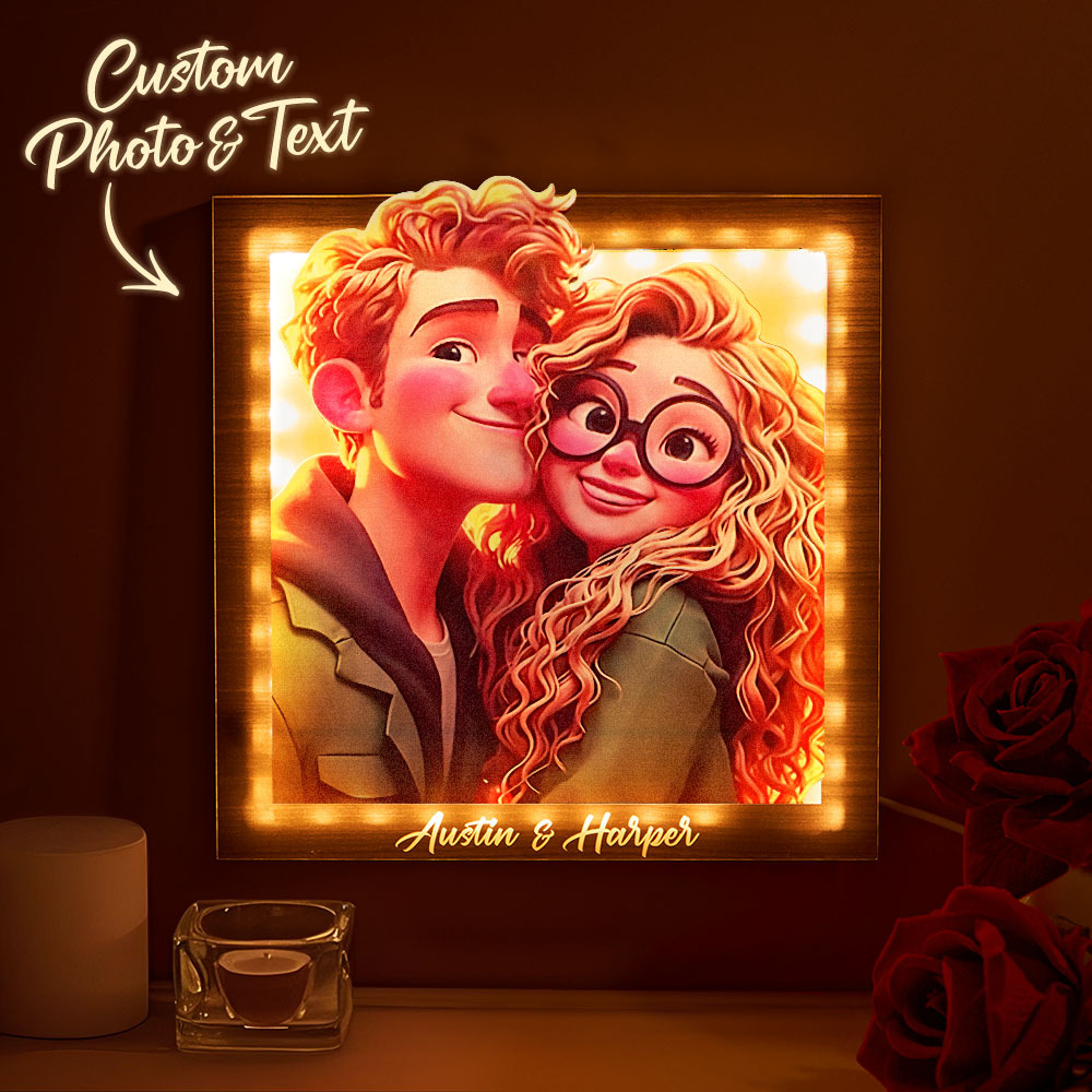 Custom cartoon couple photo square warm light photo frame lamp Valentine's Day gift for couples - myphotowallet