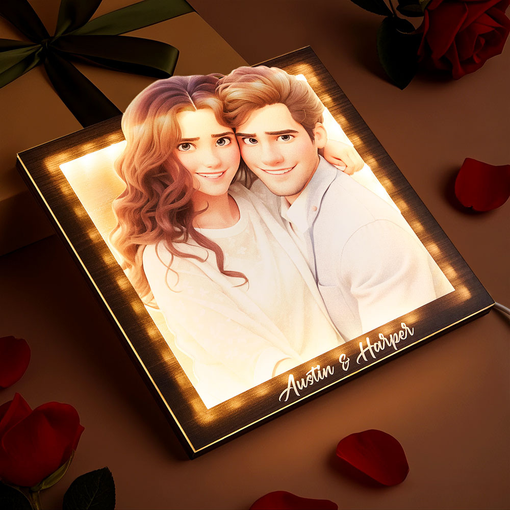 Custom cartoon couple photo square warm light photo frame lamp Valentine's Day gift for couples - myphotowallet