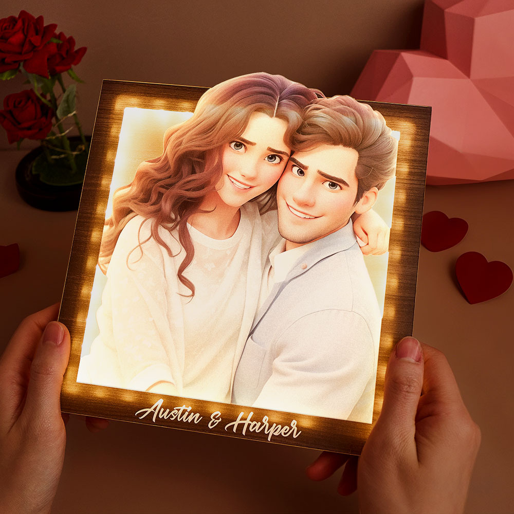 Custom cartoon couple photo square warm light photo frame lamp Valentine's Day gift for couples - myphotowallet