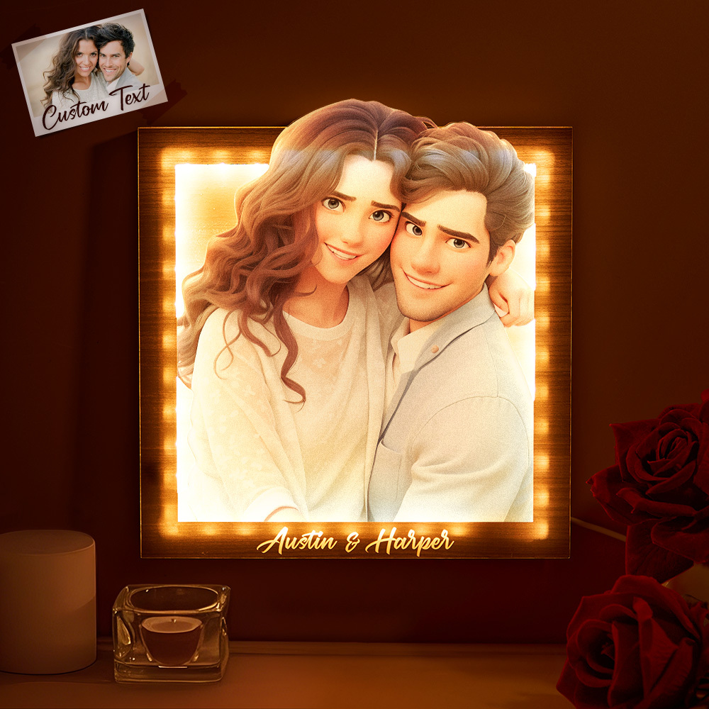Custom cartoon couple photo square warm light photo frame lamp Valentine's Day gift for couples - myphotowallet