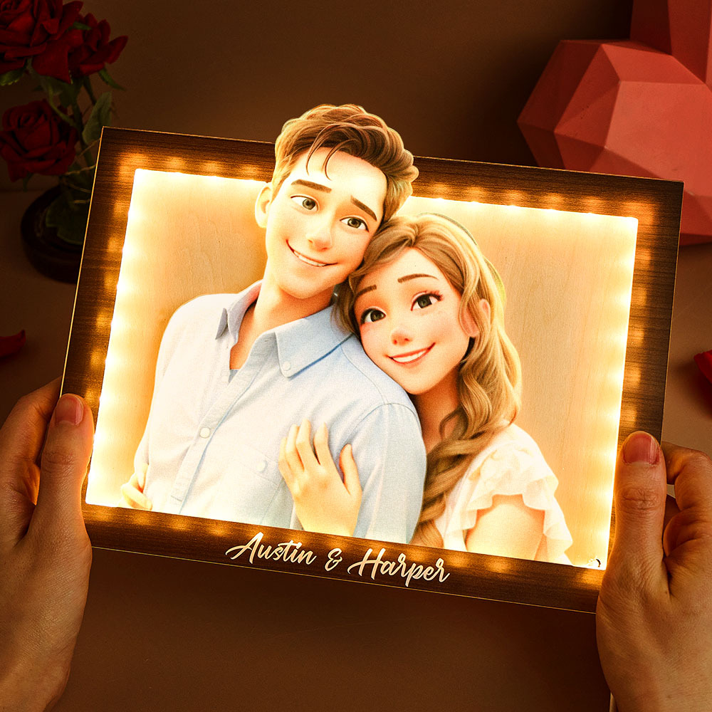 Valentine's Day gift Custom cartoon couple photo rectangular warm light photo frame lamp for couples - myphotowallet