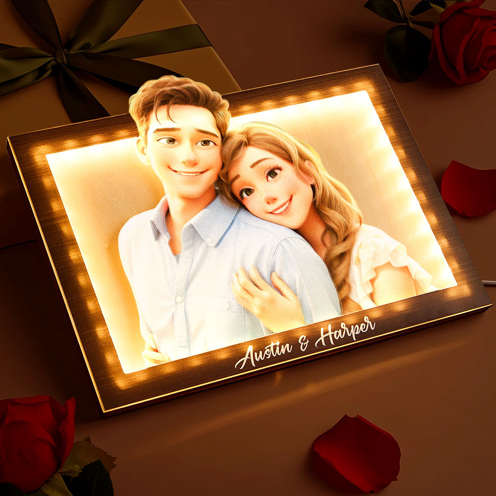 Valentine's Day gift Custom cartoon couple photo rectangular warm light photo frame lamp for couples - myphotowallet