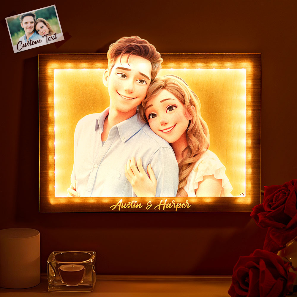 Valentine's Day gift Custom cartoon couple photo rectangular warm light photo frame lamp for couples - myphotowallet