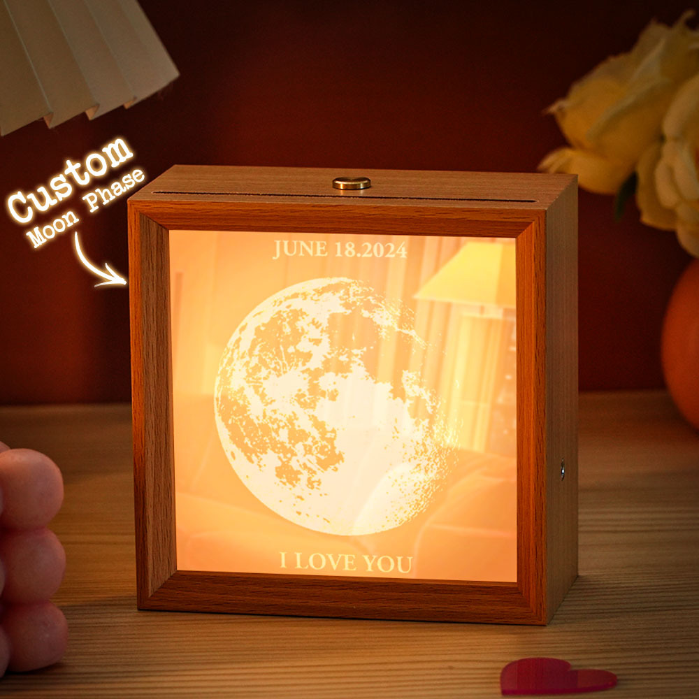 Custom Moon Phase and Text Lamp Wooden Frame Valentine's Gifts - myphotowallet