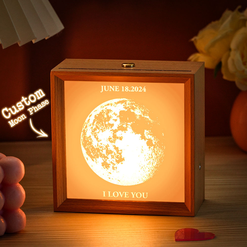 Custom Moon Phase and Text Lamp Wooden Frame Valentine's Gifts - myphotowallet