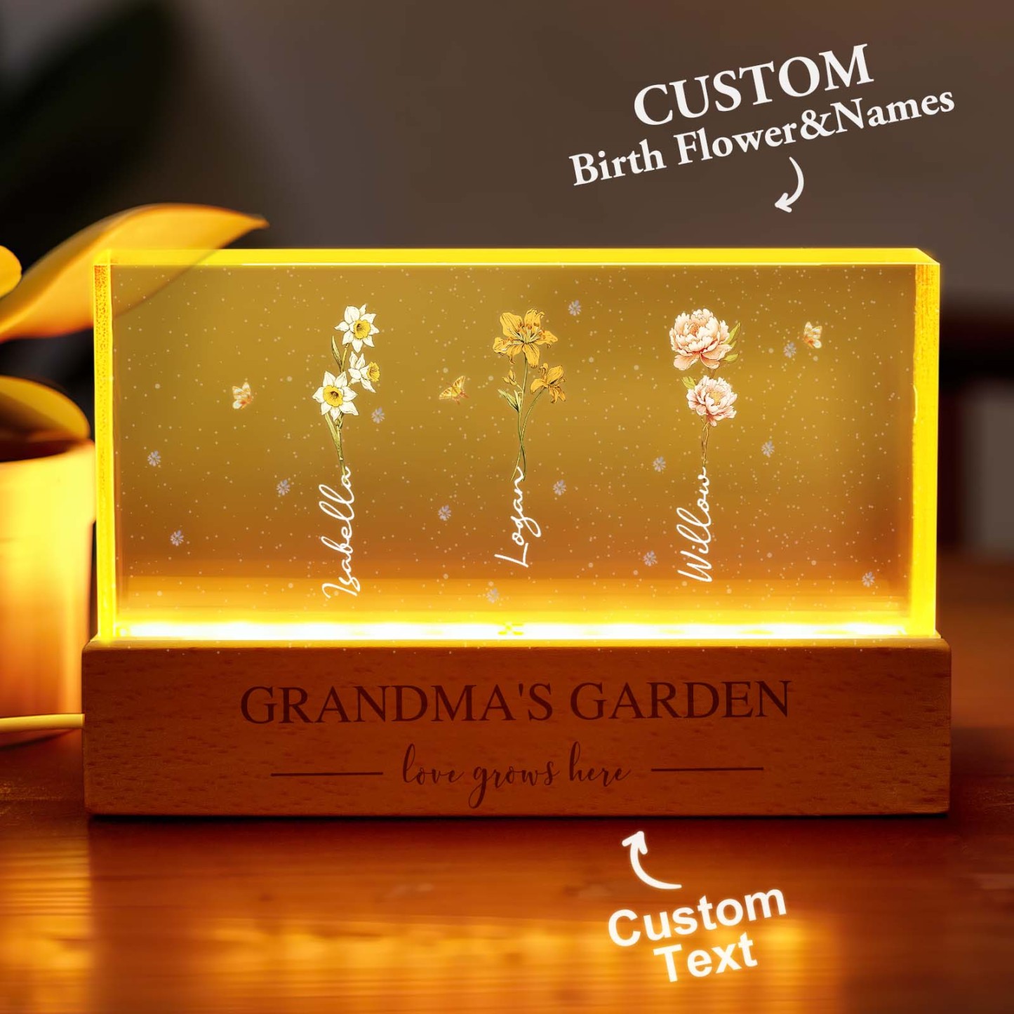 Grandma's Garden Birth Month Flowers Personalized Acrylic Block LED Night Light, A Heartfelt Gift for Grandma's Birthday, Mother's Day, or Just Because