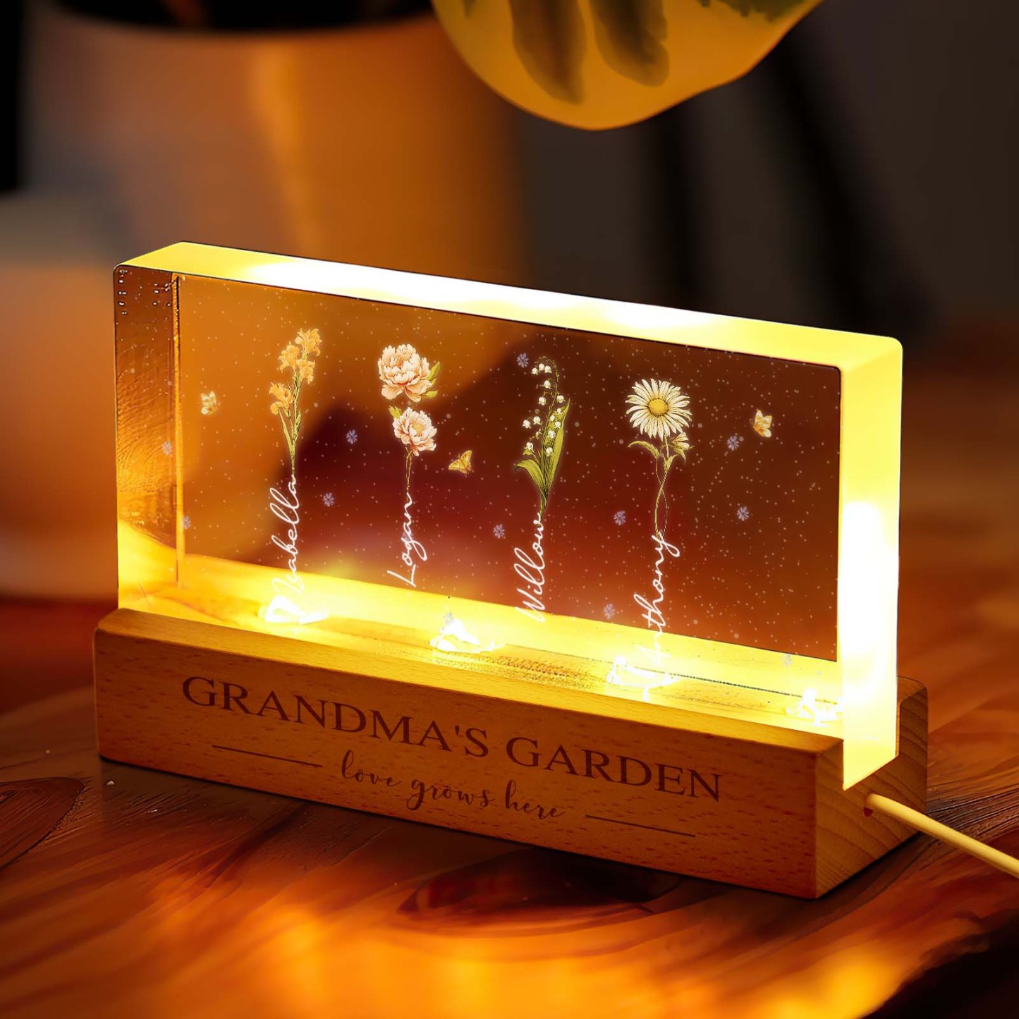 Grandma's Garden Birth Month Flowers Personalized Acrylic Block LED Night Light, A Heartfelt Gift for Grandma's Birthday, Mother's Day, or Just Because