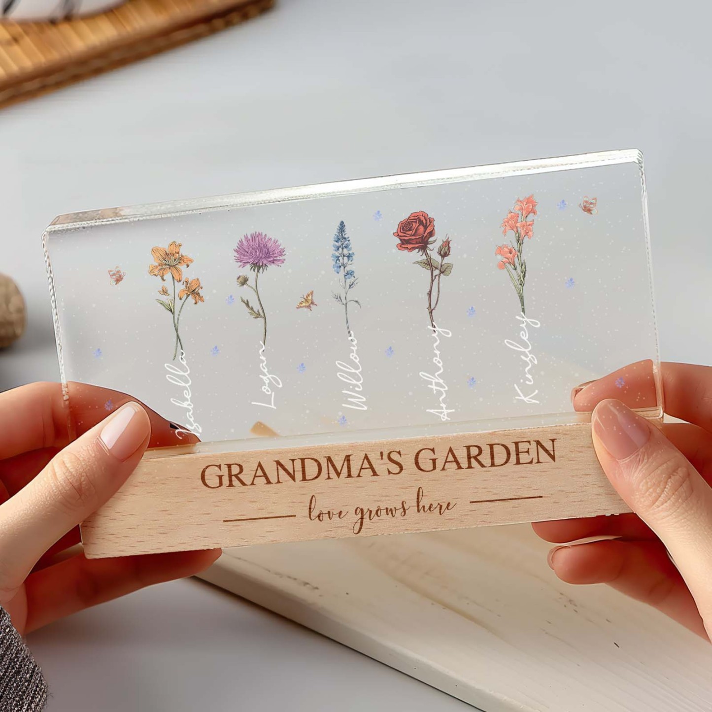 Grandma's Garden Birth Month Flowers Personalized Acrylic Block LED Night Light, A Heartfelt Gift for Grandma's Birthday, Mother's Day, or Just Because
