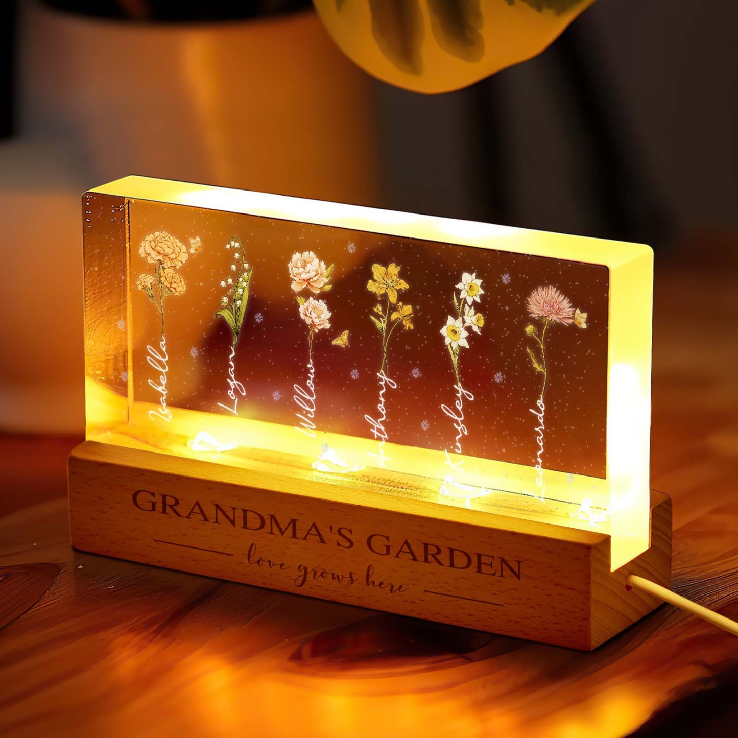 Grandma's Garden Birth Month Flowers Personalized Acrylic Block LED Night Light, A Heartfelt Gift for Grandma's Birthday, Mother's Day, or Just Because