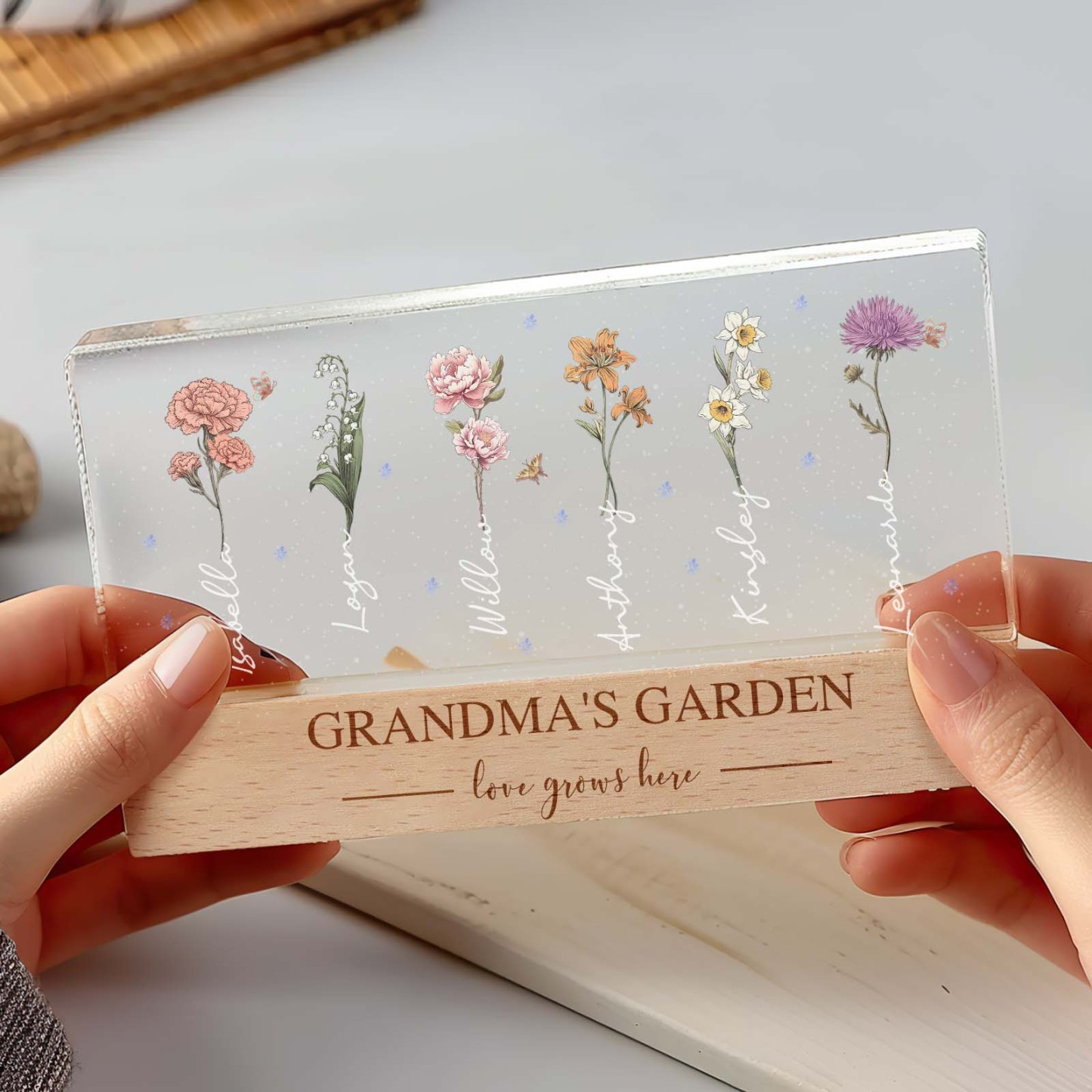 Grandma's Garden Birth Month Flowers Personalized Acrylic Block LED Night Light, A Heartfelt Gift for Grandma's Birthday, Mother's Day, or Just Because
