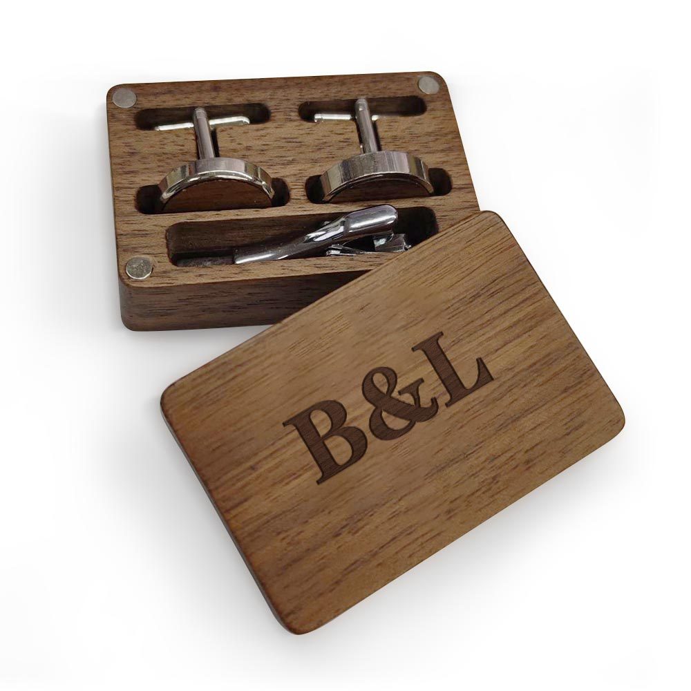 Personalized Initial Cufflinks Set With Wooden Box Groomsmen Gift