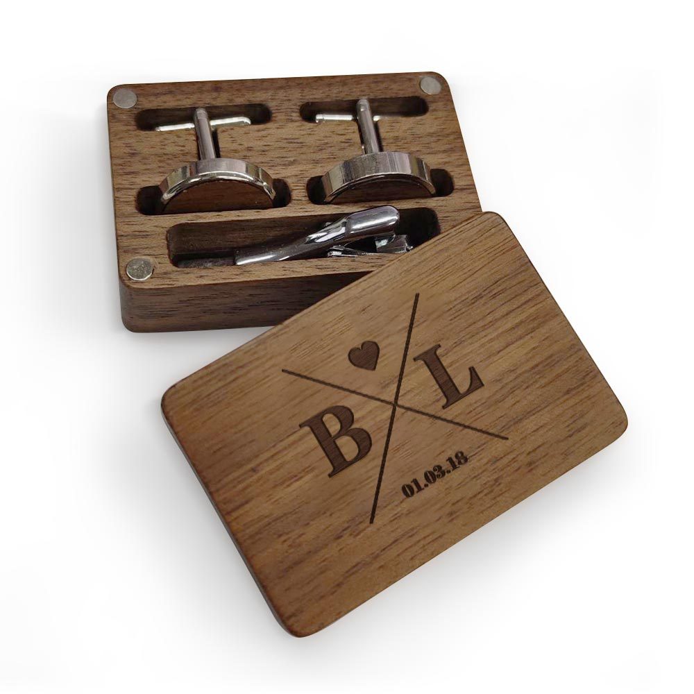 Personalized Initial Cufflinks Set With Wooden Box Custom Cufflinks Set Groomsmen Gift