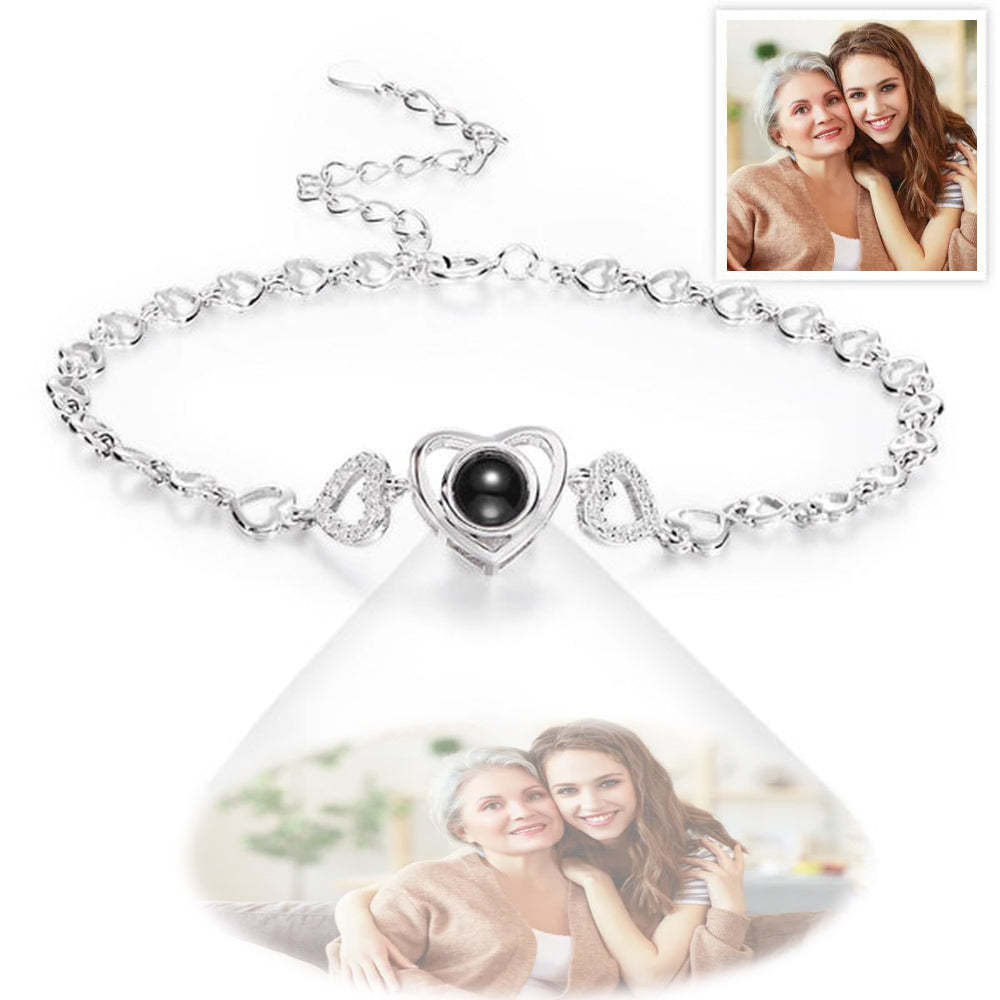 Mother's Day Gift Custom Photo Projection Heart Link Bracelet Personalized Sterling Silver Bracelet - 
