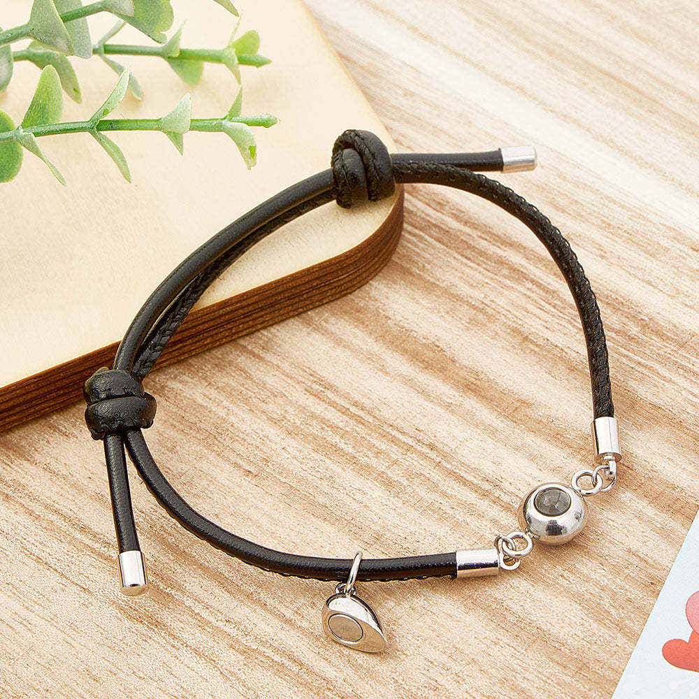 Custom Photo Projection Bracelet Leather Heart Magnetic Bracelet Gift for Couple - 