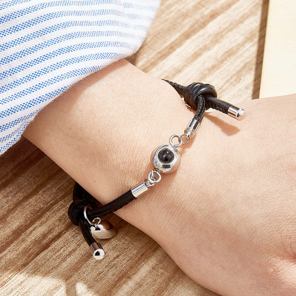 Custom Photo Projection Bracelet Leather Heart Magnetic Bracelet Gift for Couple - 