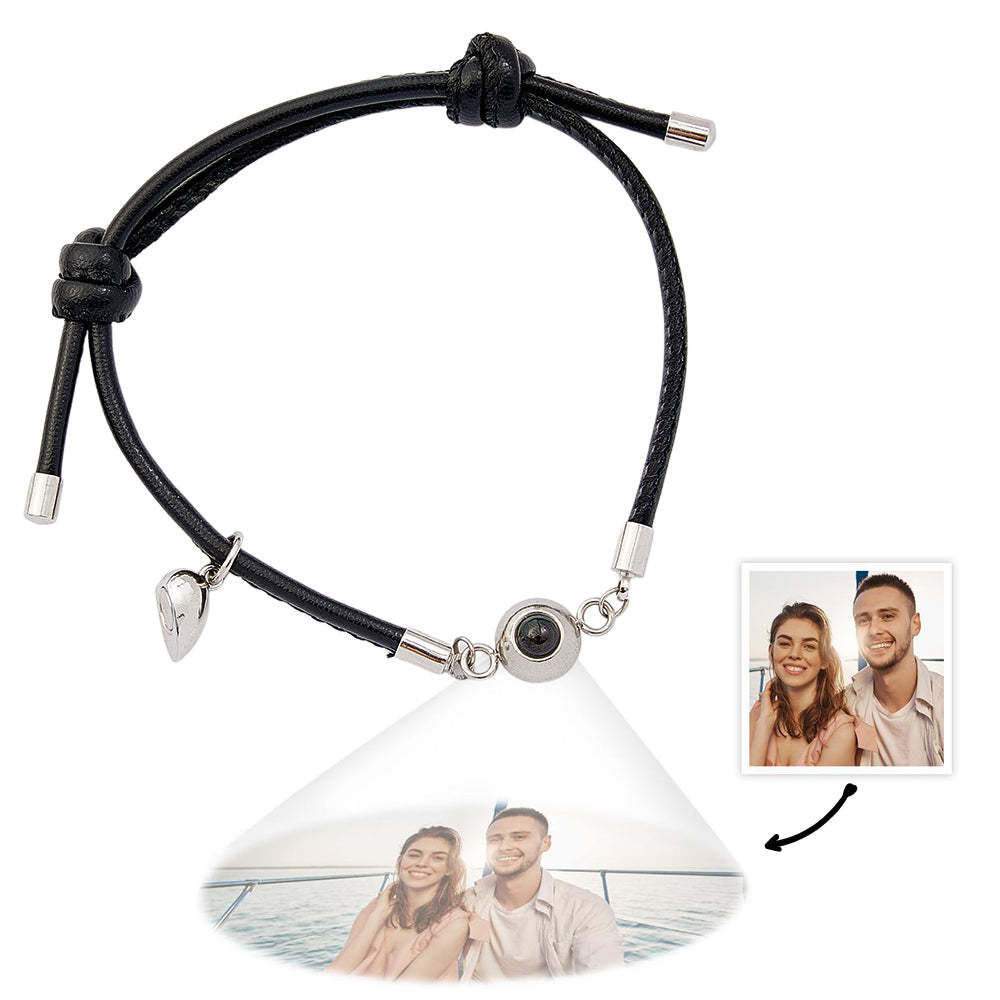 Custom Photo Projection Bracelet Leather Heart Magnetic Bracelet Gift for Couple - 