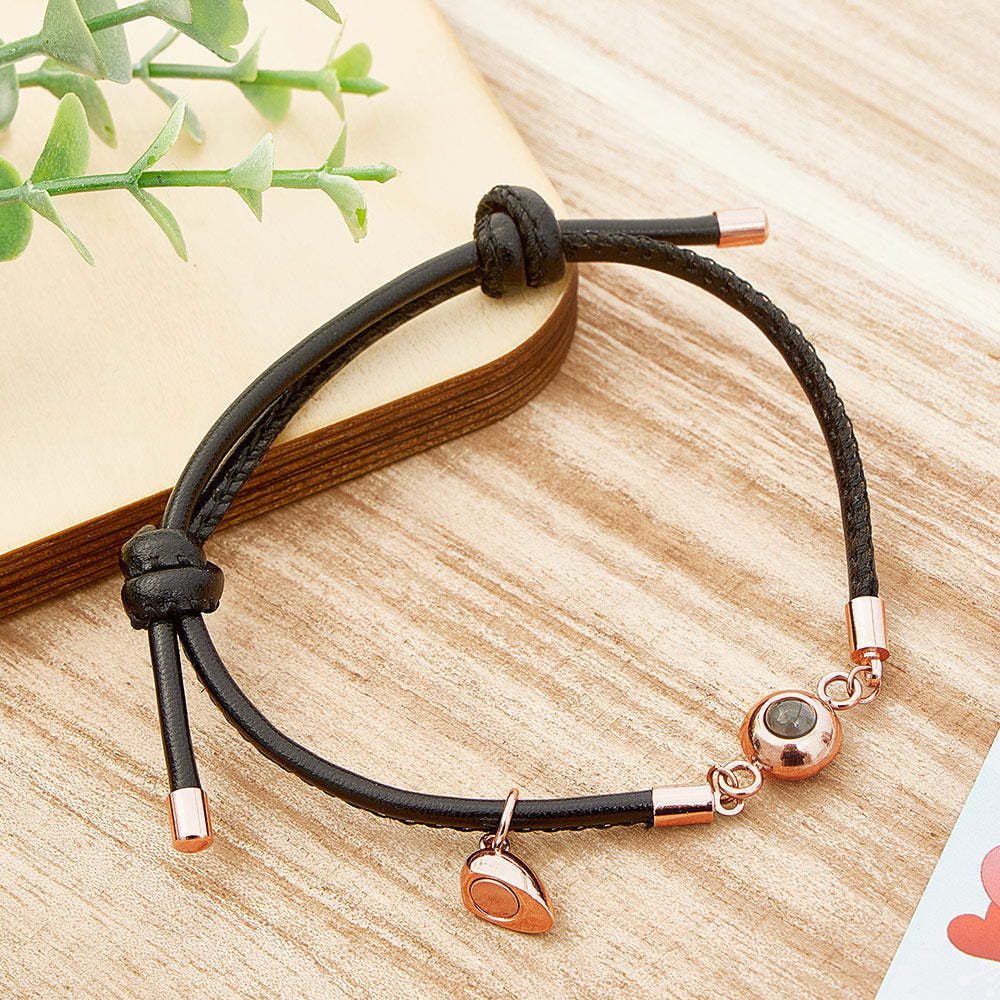 Custom Photo Projection Bracelet Leather Heart Magnetic Bracelet Gift for Couple - 