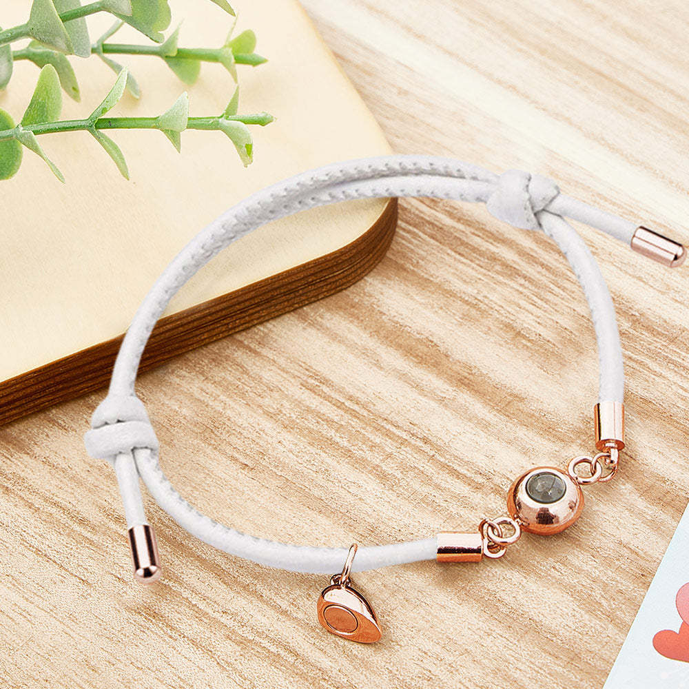 Custom Photo Projection Bracelet Leather Heart Magnetic Bracelet Gift for Couple - 