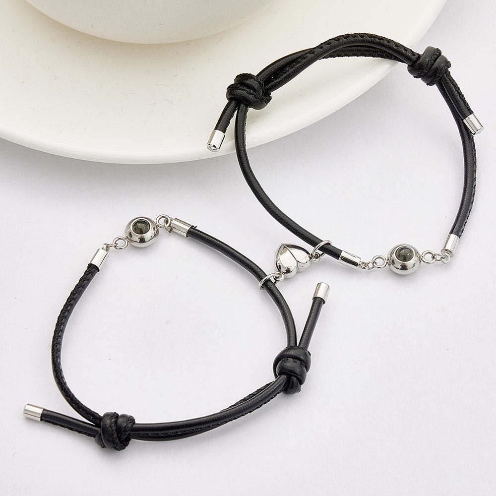 Custom Photo Projection Bracelet Leather Heart Magnetic Bracelet Gift for Couple - 