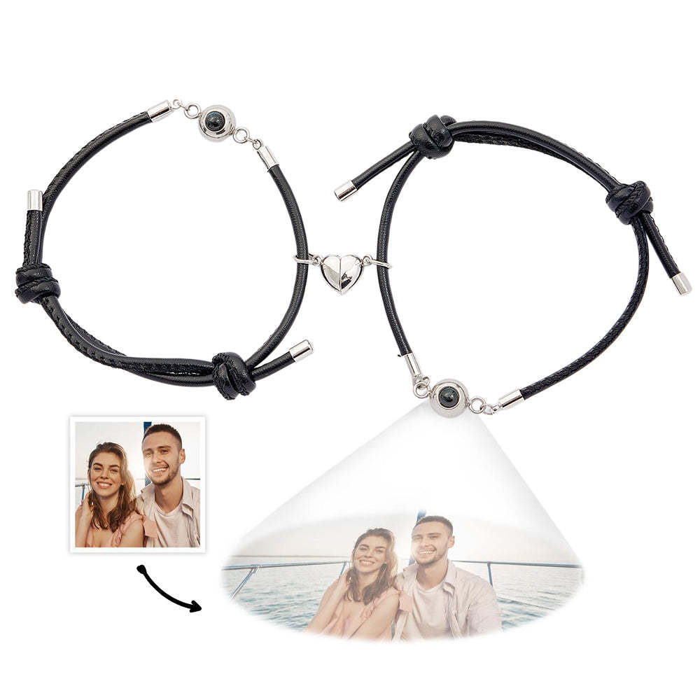 Custom Photo Projection Bracelet Leather Heart Magnetic Bracelet Gift for Couple - 