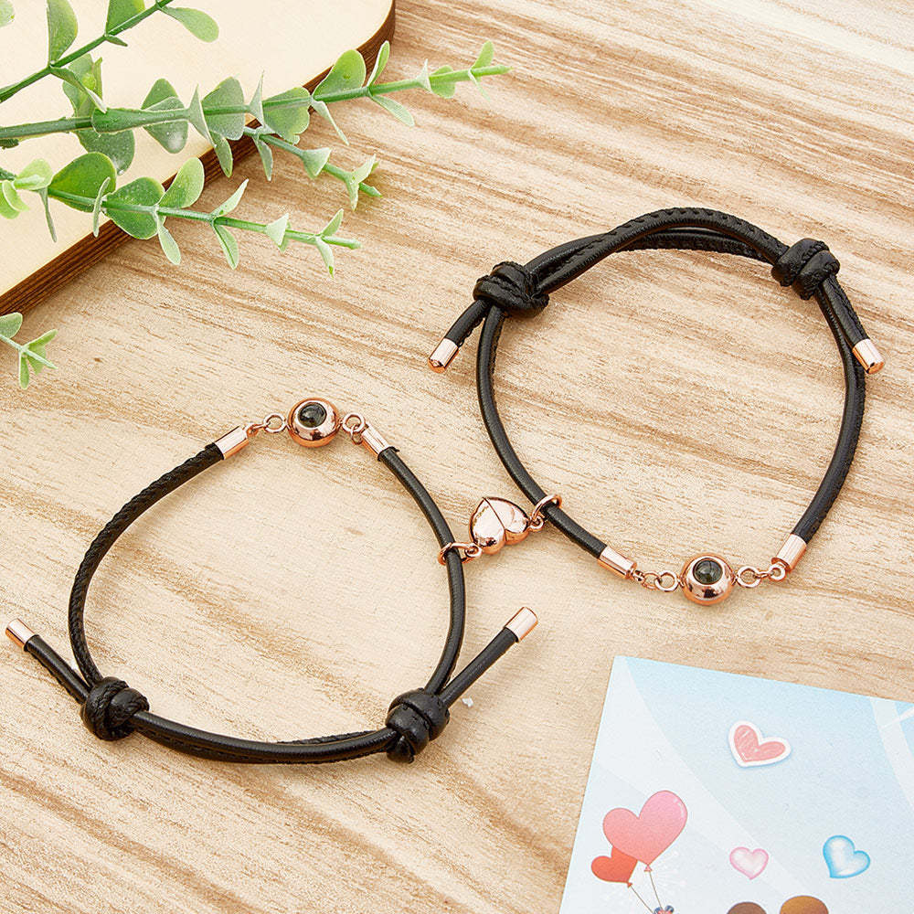 Custom Photo Projection Bracelet Leather Heart Magnetic Bracelet Gift for Couple - 
