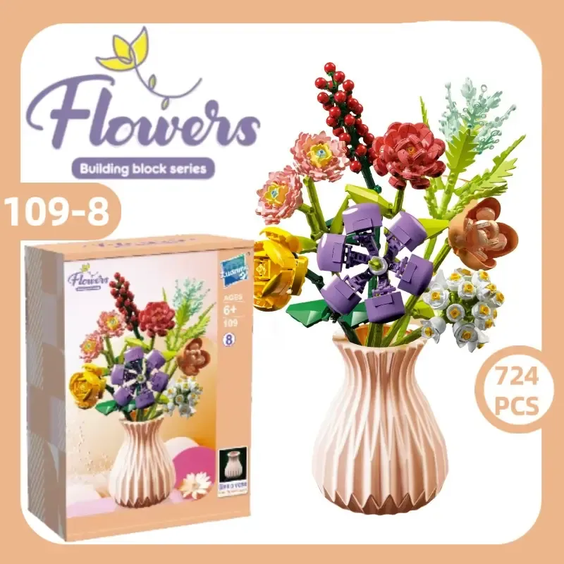 Christmas Flower Bouquet Building Blocks with Vase Eternal Bloom Gift Home Décor - 