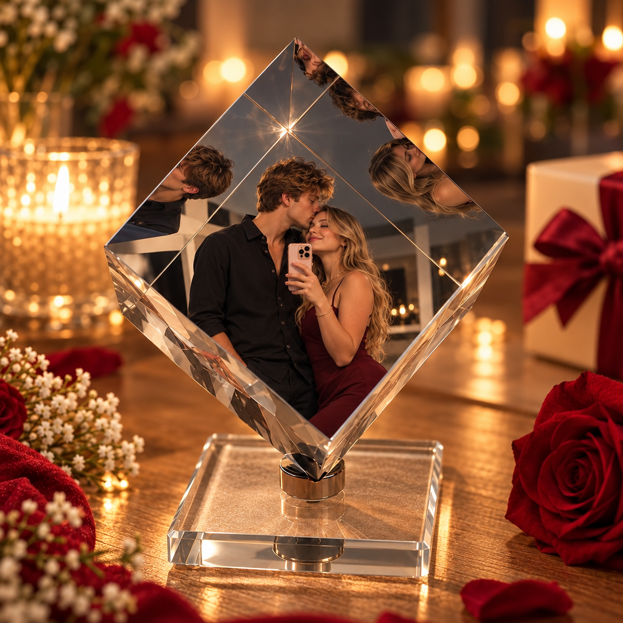 Custom Photo Crystal Glass Cube – Personalized 3-Picture Keepsake Gift for Couples, Anniversary & Birthday