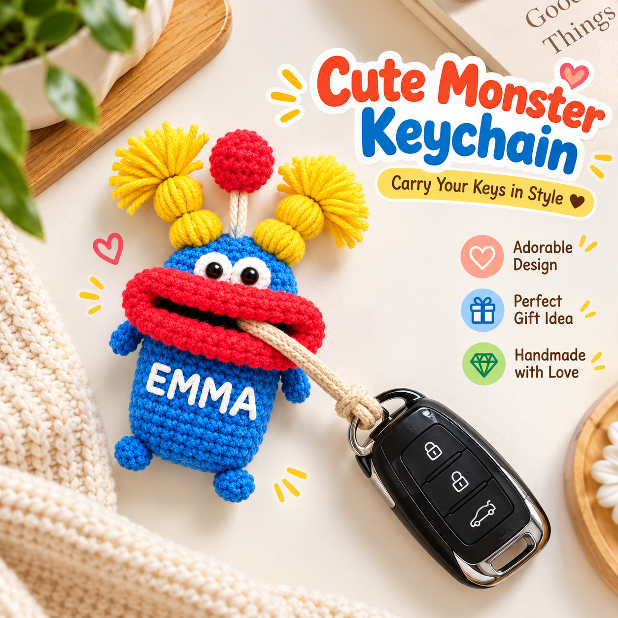 Custom Name Crochet Sausage Mouth Key Holder - Funny Hand-Woven Car Key Protective Case - 
