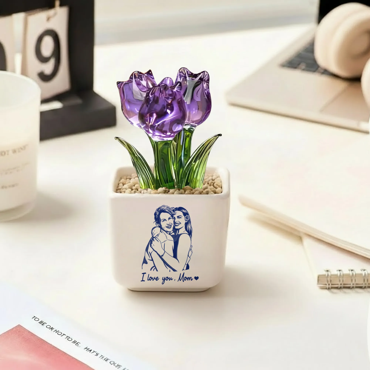 Personalized Photo Glass Tulip Potted Plant - Custom Flower Pot with Picture, Photo Gift for Mom, Mother’s Day Gift, Birthday Gift for Mom - Personalized Photo Glass Tulip