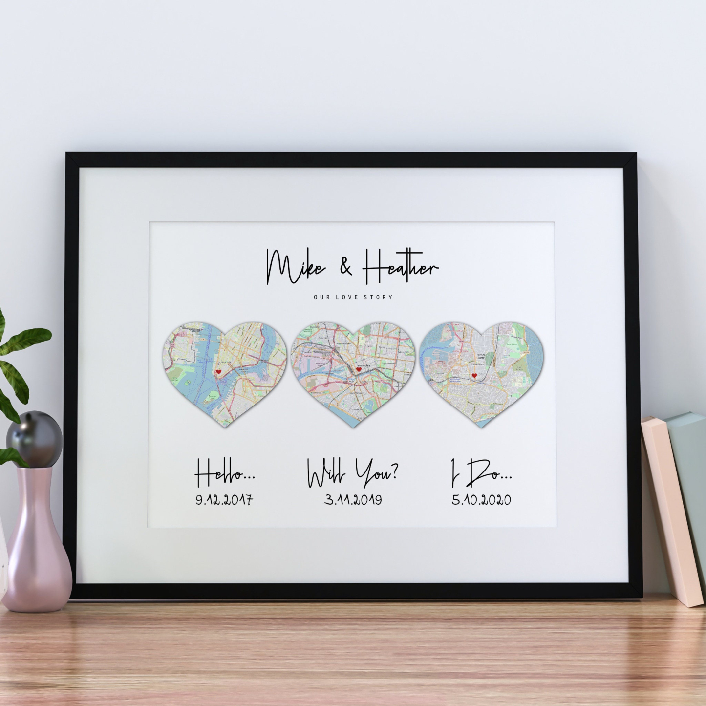 Hello, Will You, I Do 3 Heart Map Print, First Anniversary Gift, Wedding Anniversary Gift For Couple, Cotton Anniversary, Met Engaged Married