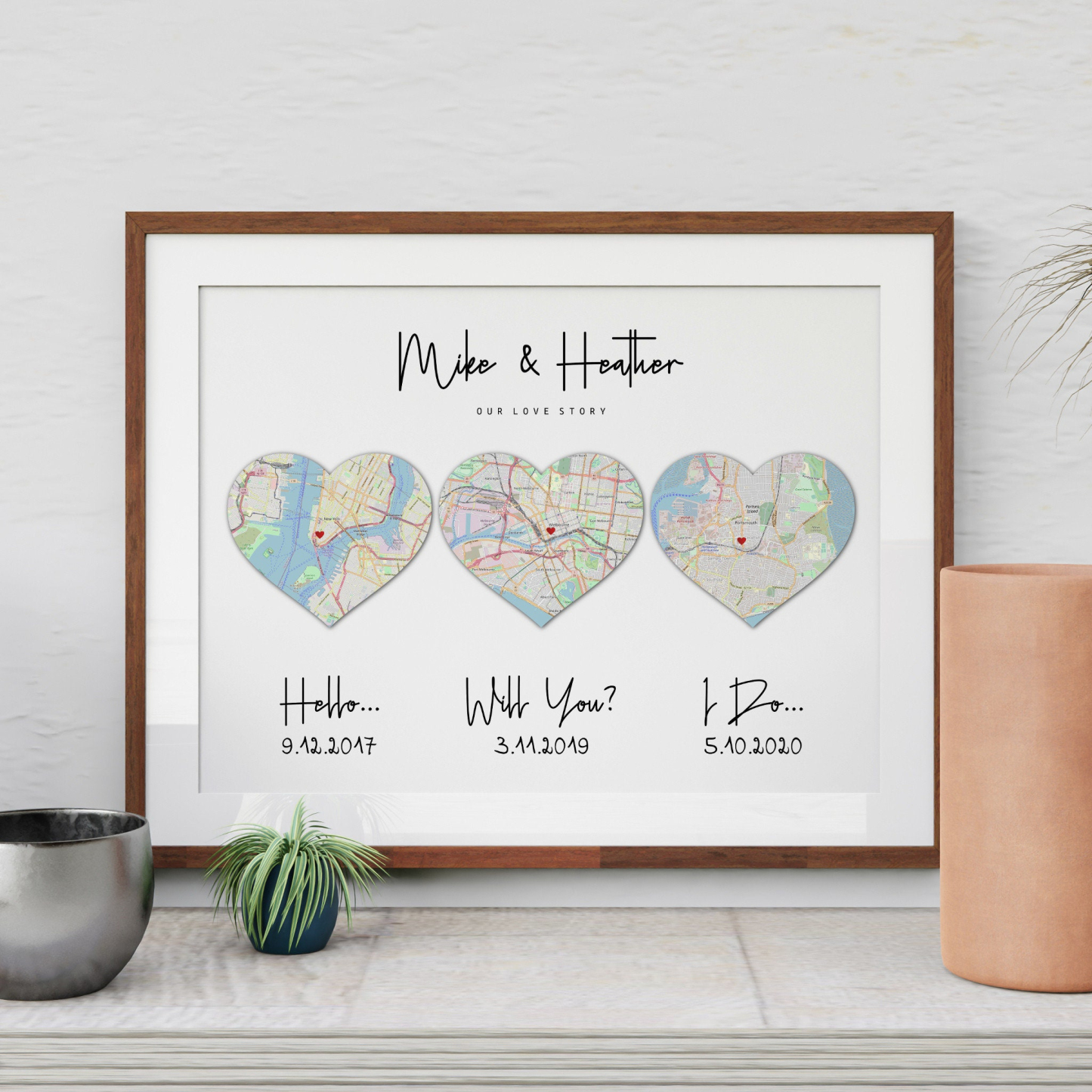 Hello, Will You, I Do 3 Heart Map Print, First Anniversary Gift, Wedding Anniversary Gift For Couple, Cotton Anniversary, Met Engaged Married