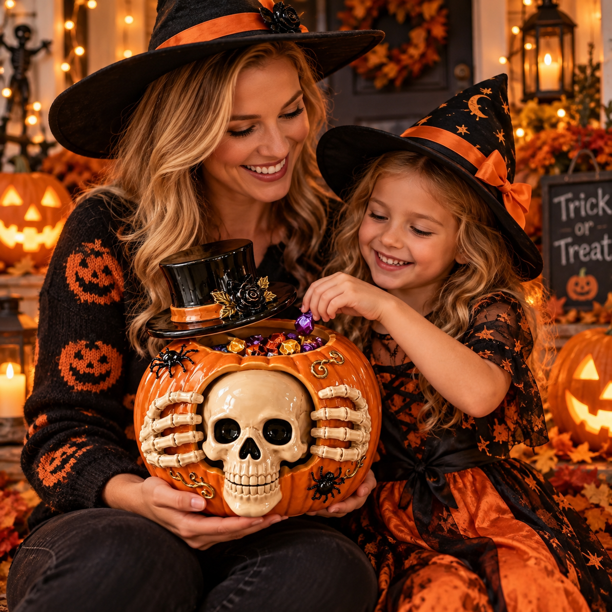 Halloween Skull Pumpkin Candy Bowl, Spooky Resin Skeleton Tabletop Decoration, Gothic Trick-or-Treat Candy Holder for Home Party Decor